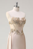 Champagne Mermaid Strapless Corset Satin Side Cape Long Prom Dress with Sequins