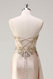 Champagne Mermaid Strapless Corset Satin Side Cape Long Prom Dress with Sequins