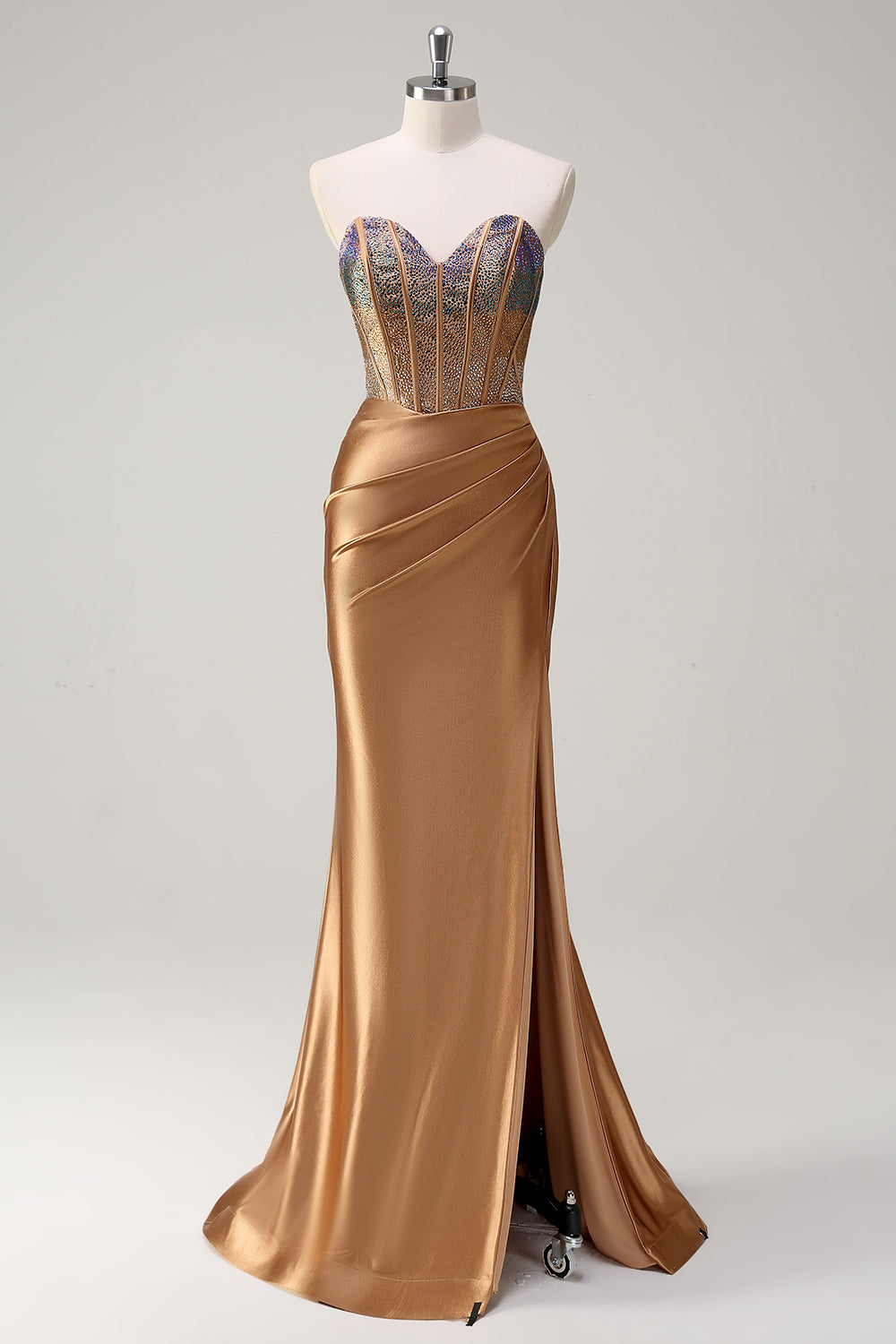Brown Mermaid Sweetheart Beaded Satin Prom Dress with Slit