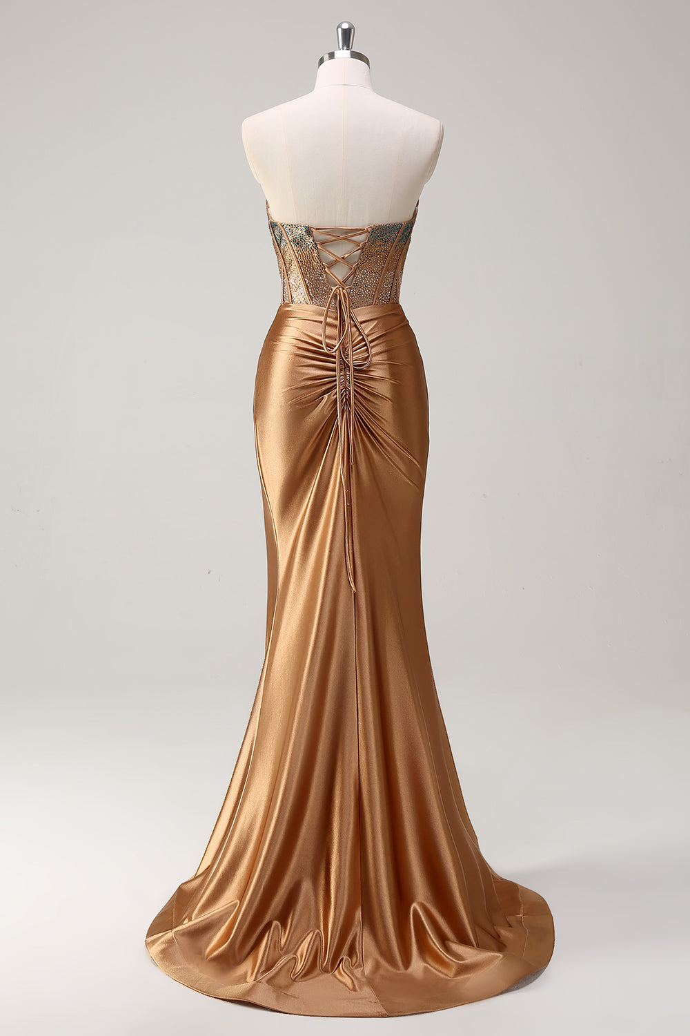 Brown Mermaid Sweetheart Beaded Satin Prom Dress with Slit
