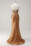 Brown Mermaid Sweetheart Beaded Satin Prom Dress with Slit