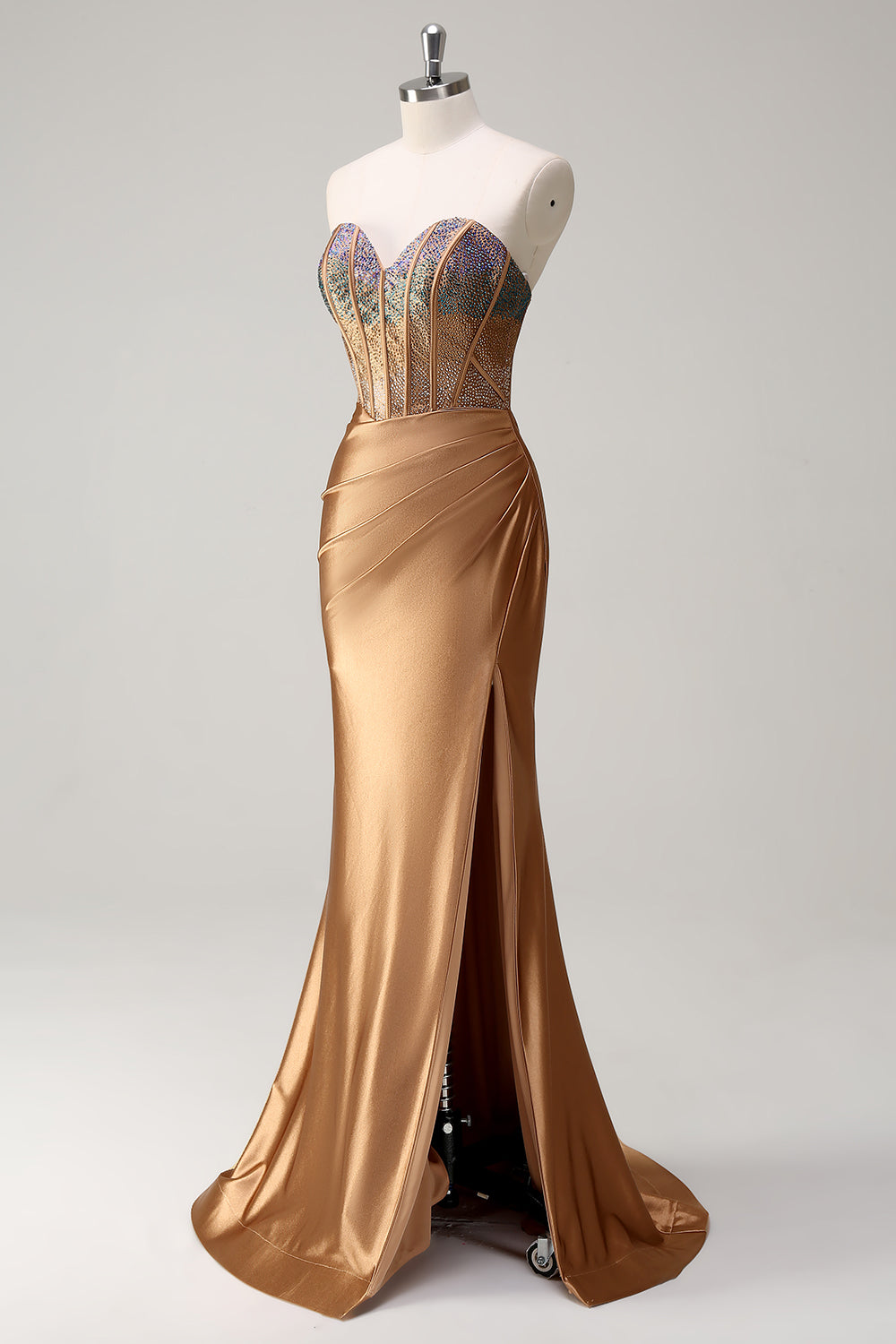 Brown Mermaid Sweetheart Beaded Satin Prom Dress with Slit