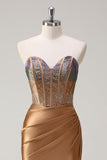 Brown Mermaid Sweetheart Beaded Satin Prom Dress with Slit