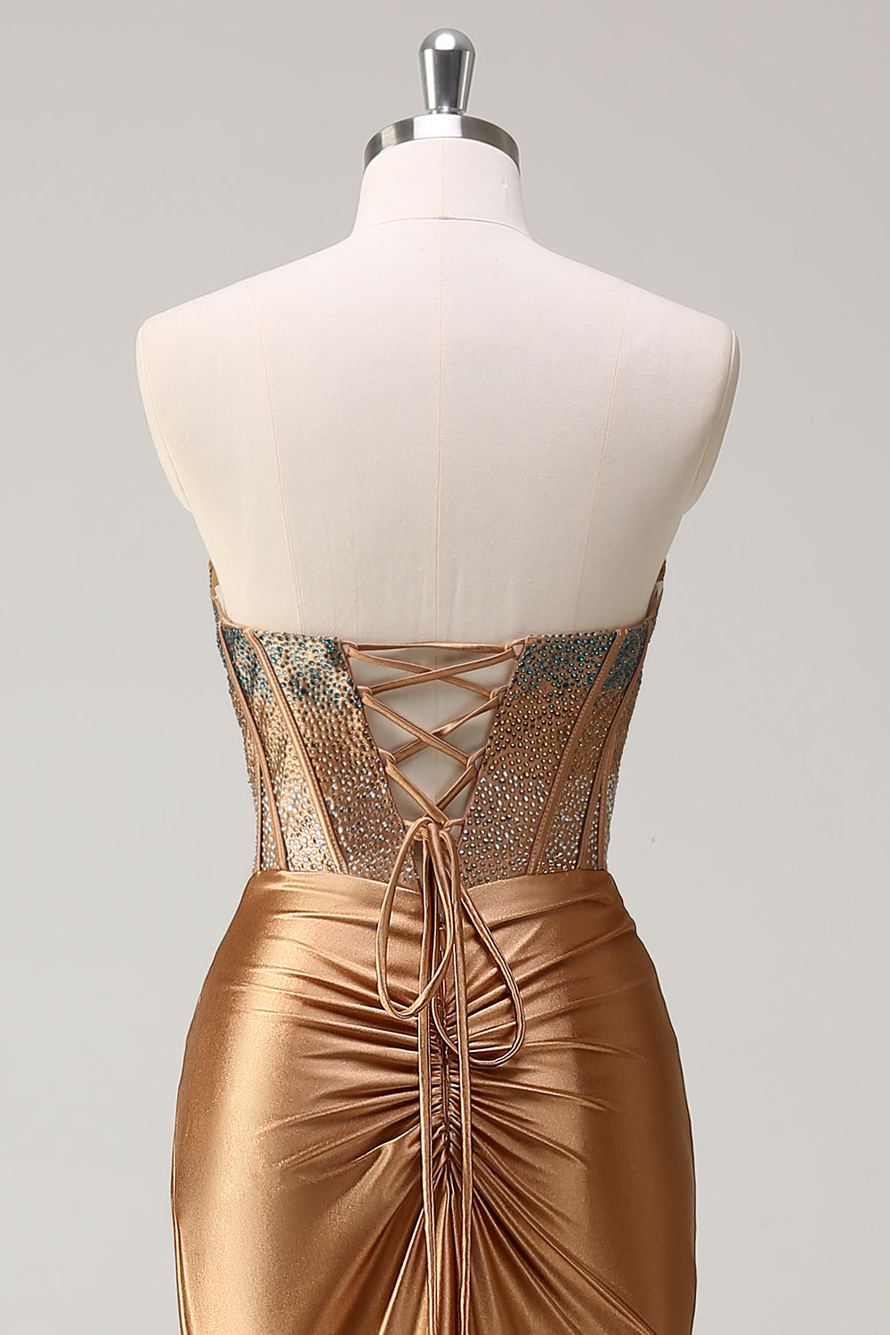 Brown Mermaid Sweetheart Beaded Satin Prom Dress with Slit