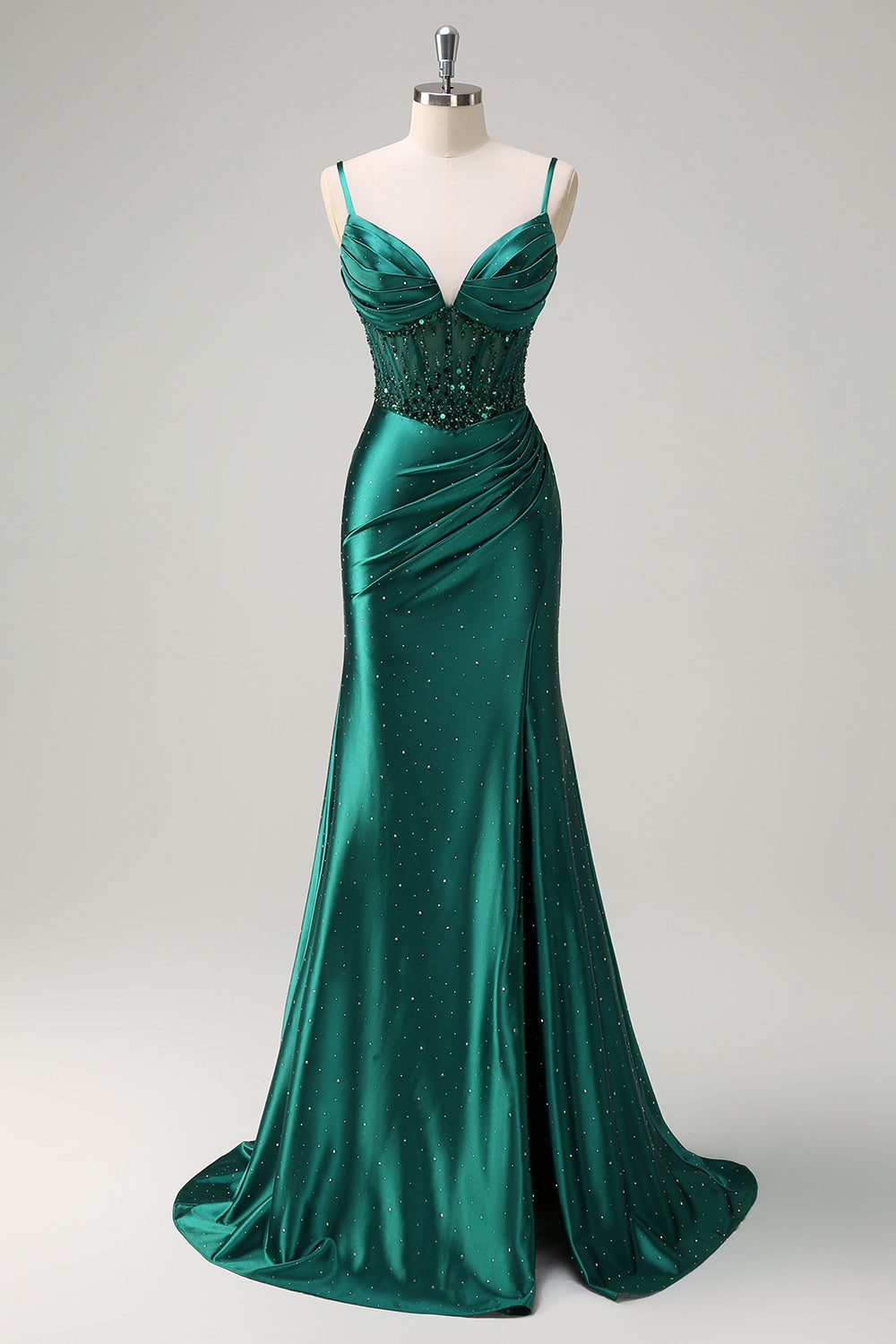 Dark Green Mermaid Corset Beaded Prom Dress with Slit