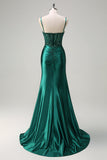 Dark Green Mermaid Corset Beaded Prom Dress with Slit