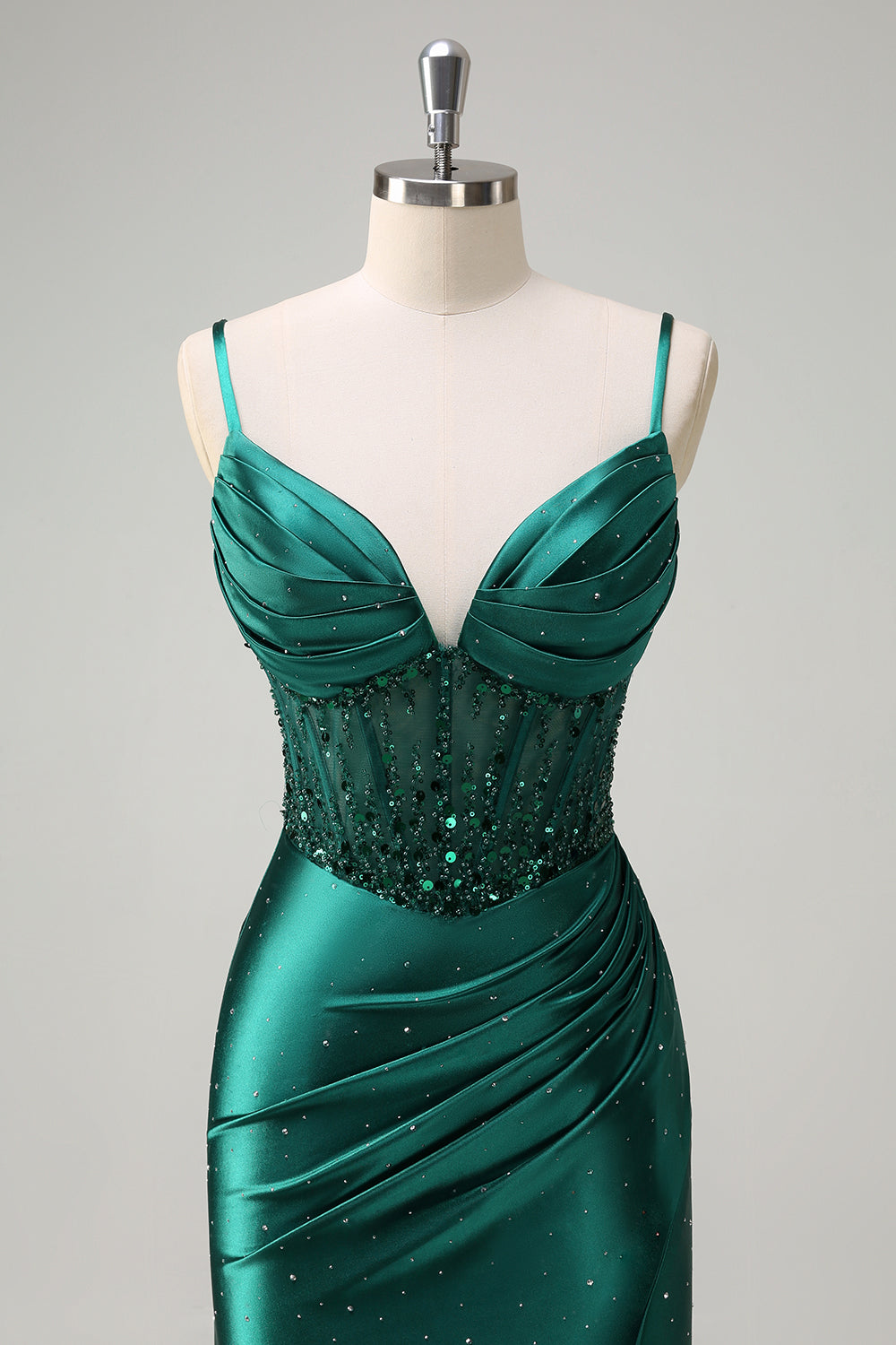 Dark Green Mermaid Corset Beaded Prom Dress with Slit