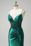 Dark Green Mermaid Corset Beaded Prom Dress with Slit