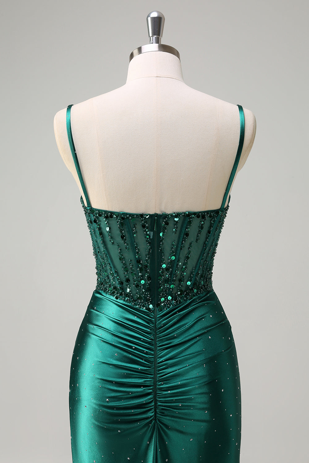Dark Green Mermaid Corset Beaded Prom Dress with Slit
