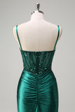 Dark Green Mermaid Corset Beaded Prom Dress with Slit