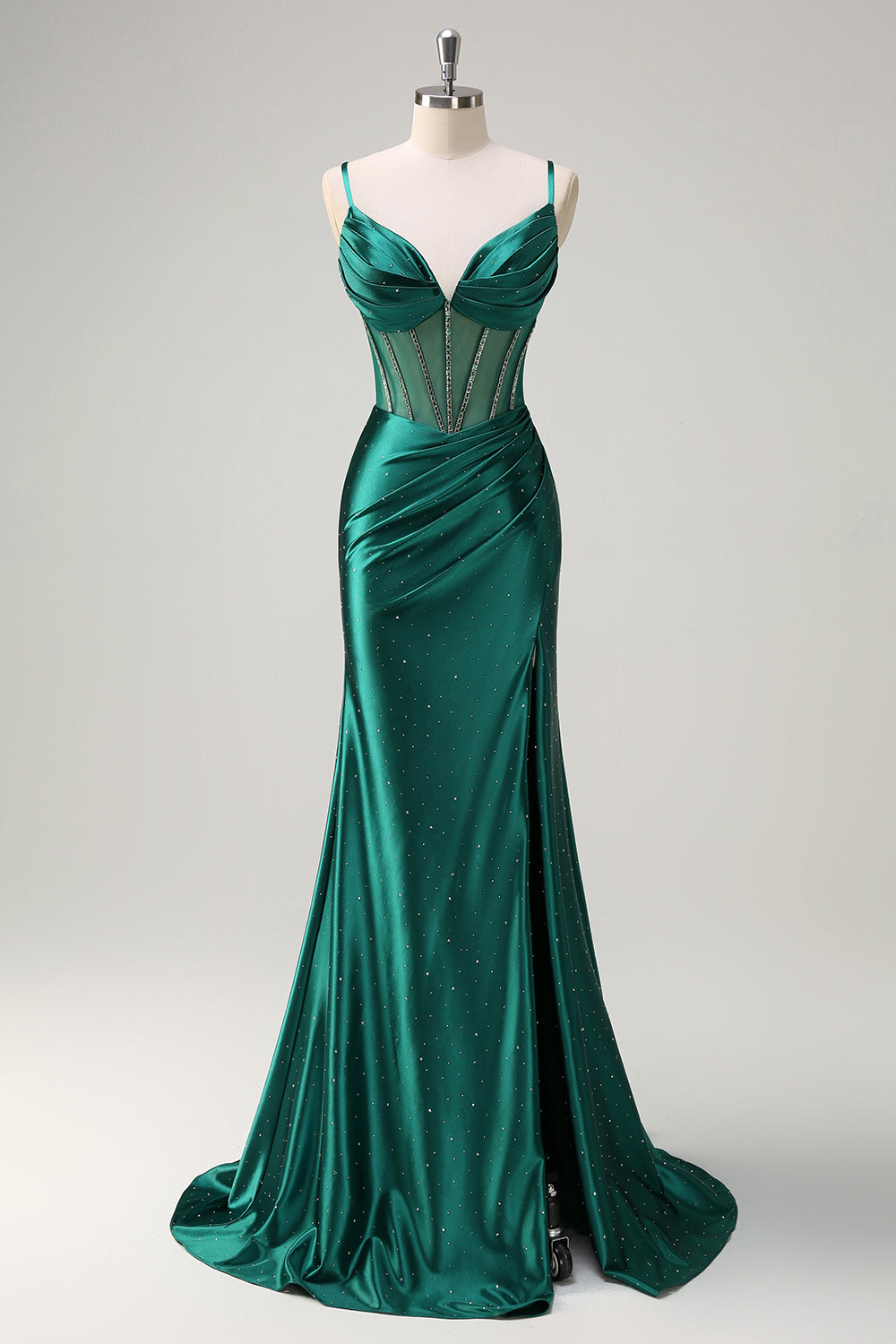 Dark Green Mermaid Corset Beaded Long Prom Dress with Slit