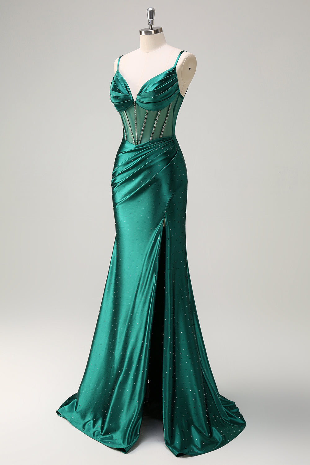 Dark Green Mermaid Corset Beaded Long Prom Dress with Slit