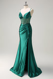 Dark Green Mermaid Corset Beaded Long Prom Dress with Slit