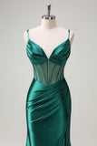 Dark Green Mermaid Corset Beaded Long Prom Dress with Slit