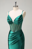 Dark Green Mermaid Corset Beaded Long Prom Dress with Slit