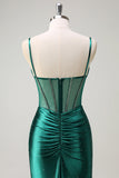 Dark Green Mermaid Corset Beaded Long Prom Dress with Slit