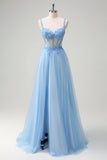 Glitter Blue A-Line Sheer Corset Lace Up Back Sequins Prom Dress with Slit