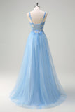 Glitter Blue A-Line Sheer Corset Lace Up Back Sequins Prom Dress with Slit