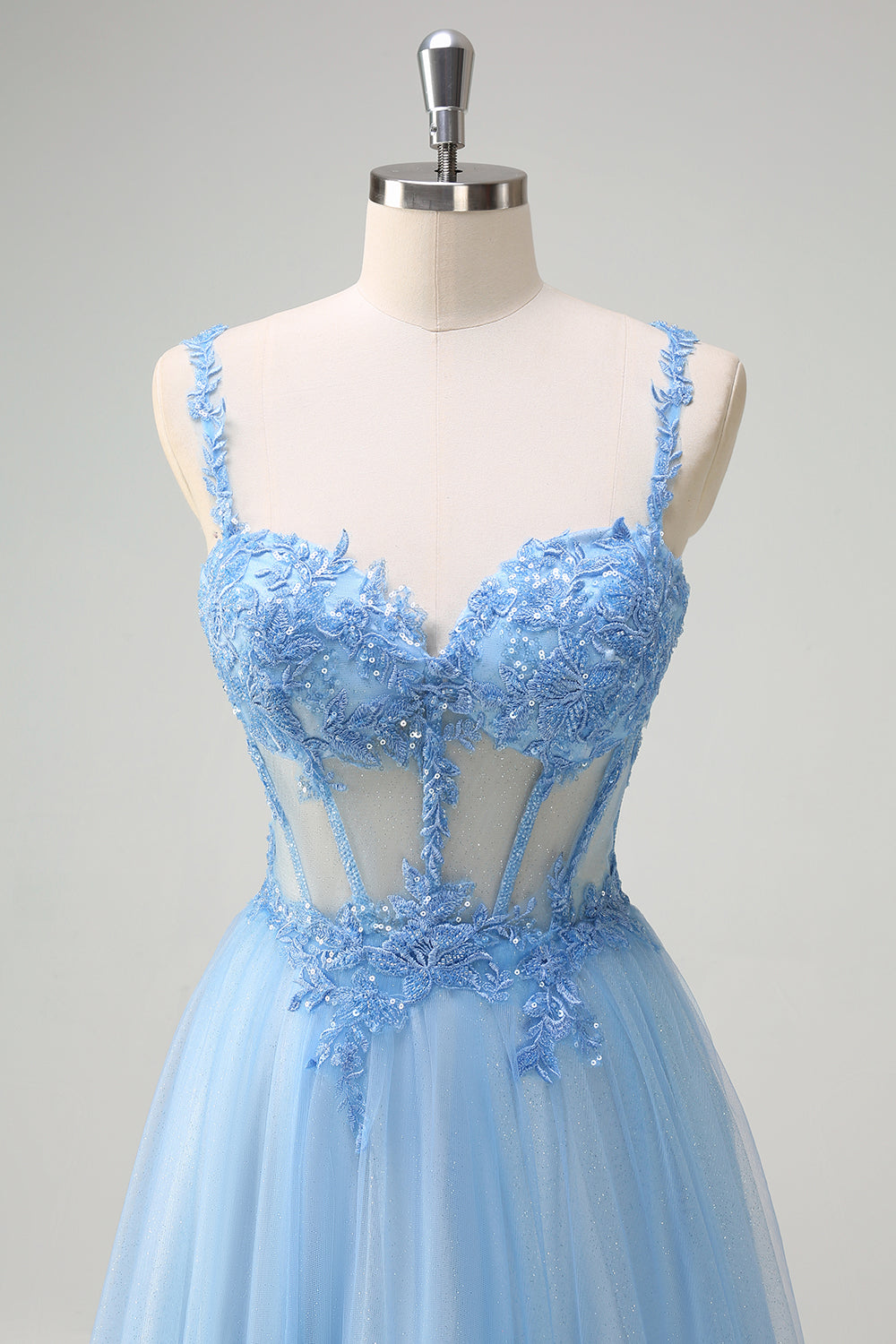 Glitter Blue A-Line Sheer Corset Lace Up Back Sequins Prom Dress with Slit