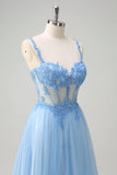 Glitter Blue A-Line Sheer Corset Lace Up Back Sequins Prom Dress with Slit