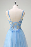 Glitter Blue A-Line Sheer Corset Lace Up Back Sequins Prom Dress with Slit