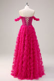 Fuchsia A-Line Off the Shoulder Corset Long Prom Dress with Beading
