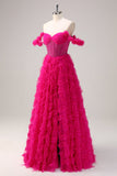 Fuchsia A-Line Off the Shoulder Corset Long Prom Dress with Beading