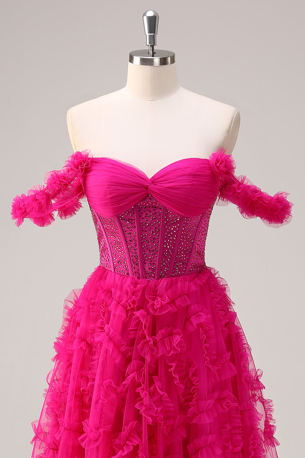 Fuchsia A-Line Off the Shoulder Corset Long Prom Dress with Beading