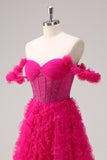 Fuchsia A-Line Off the Shoulder Corset Long Prom Dress with Beading