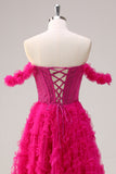 Fuchsia A-Line Off the Shoulder Corset Long Prom Dress with Beading