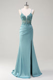 Sparkly Blue Mermaid Corset Long Prom Dress with Slit