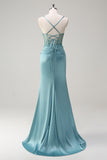 Sparkly Blue Mermaid Corset Long Prom Dress with Slit