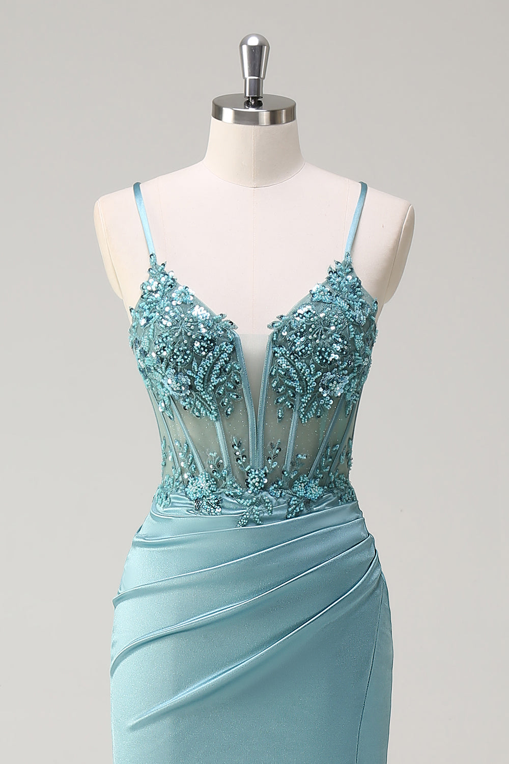 Sparkly Blue Mermaid Corset Long Prom Dress with Slit