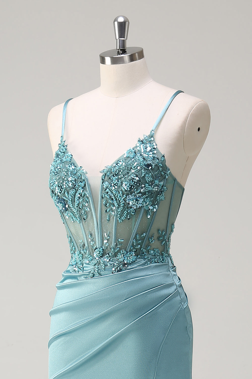 Sparkly Blue Mermaid Corset Long Prom Dress with Slit