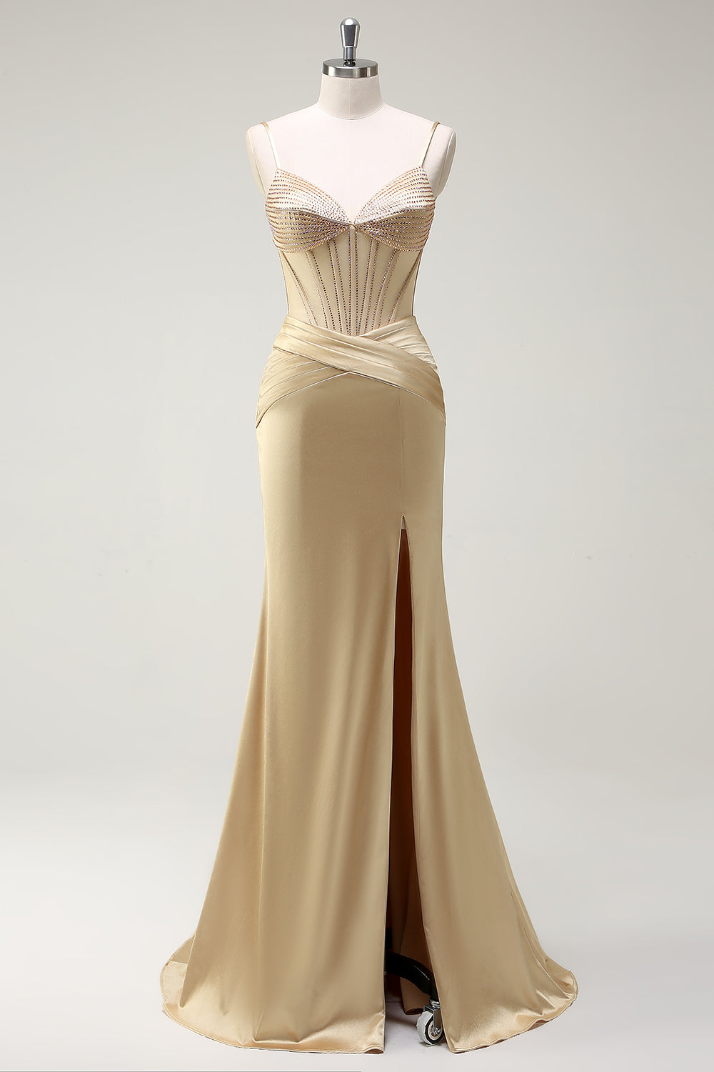 Golden Mermaid Spaghetti Straps Corset Beaded Long Prom Dress with Slit