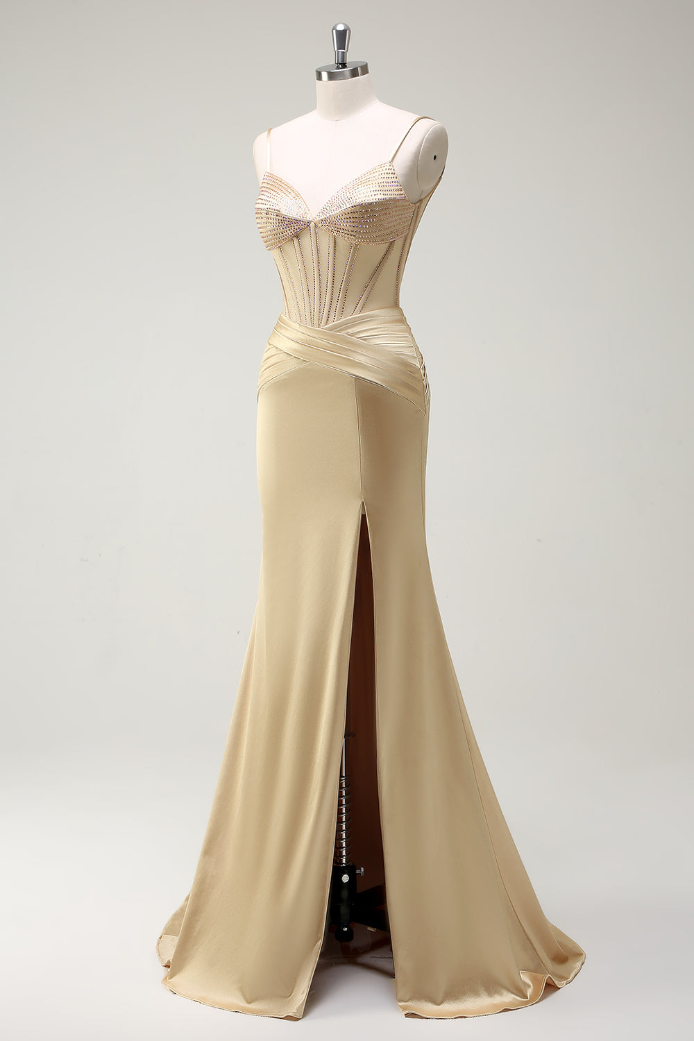 Golden Mermaid Spaghetti Straps Corset Beaded Long Prom Dress with Slit