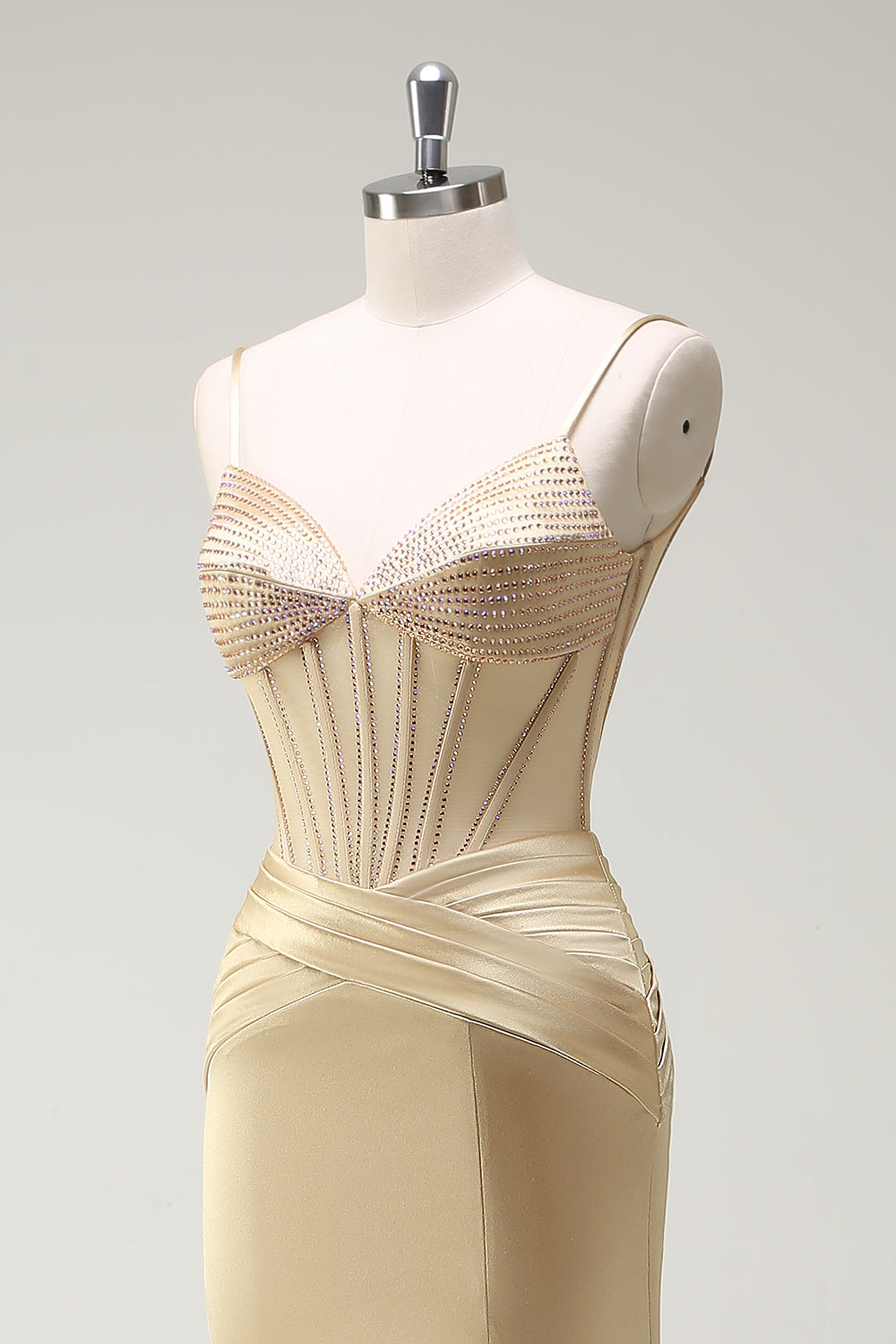 Golden Mermaid Spaghetti Straps Corset Beaded Long Prom Dress with Slit