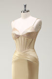 Golden Mermaid Spaghetti Straps Corset Beaded Long Prom Dress with Slit
