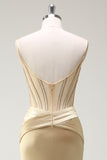 Golden Mermaid Spaghetti Straps Corset Beaded Long Prom Dress with Slit