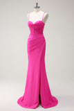 Fuchsia Mermaid Spaghetti Straps Long Prom Dress with Slit