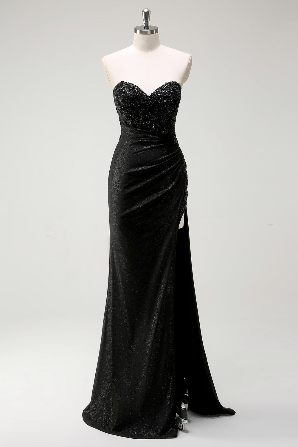 Sparkly Sweetheart Long Sequins Black Prom Dress With Slit