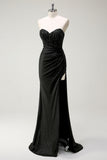 Sparkly Sweetheart Long Sequins Black Prom Dress With Slit