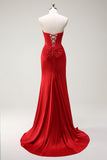 Red Mermaid Sweetheart Corset Long Prom Dress with Slit