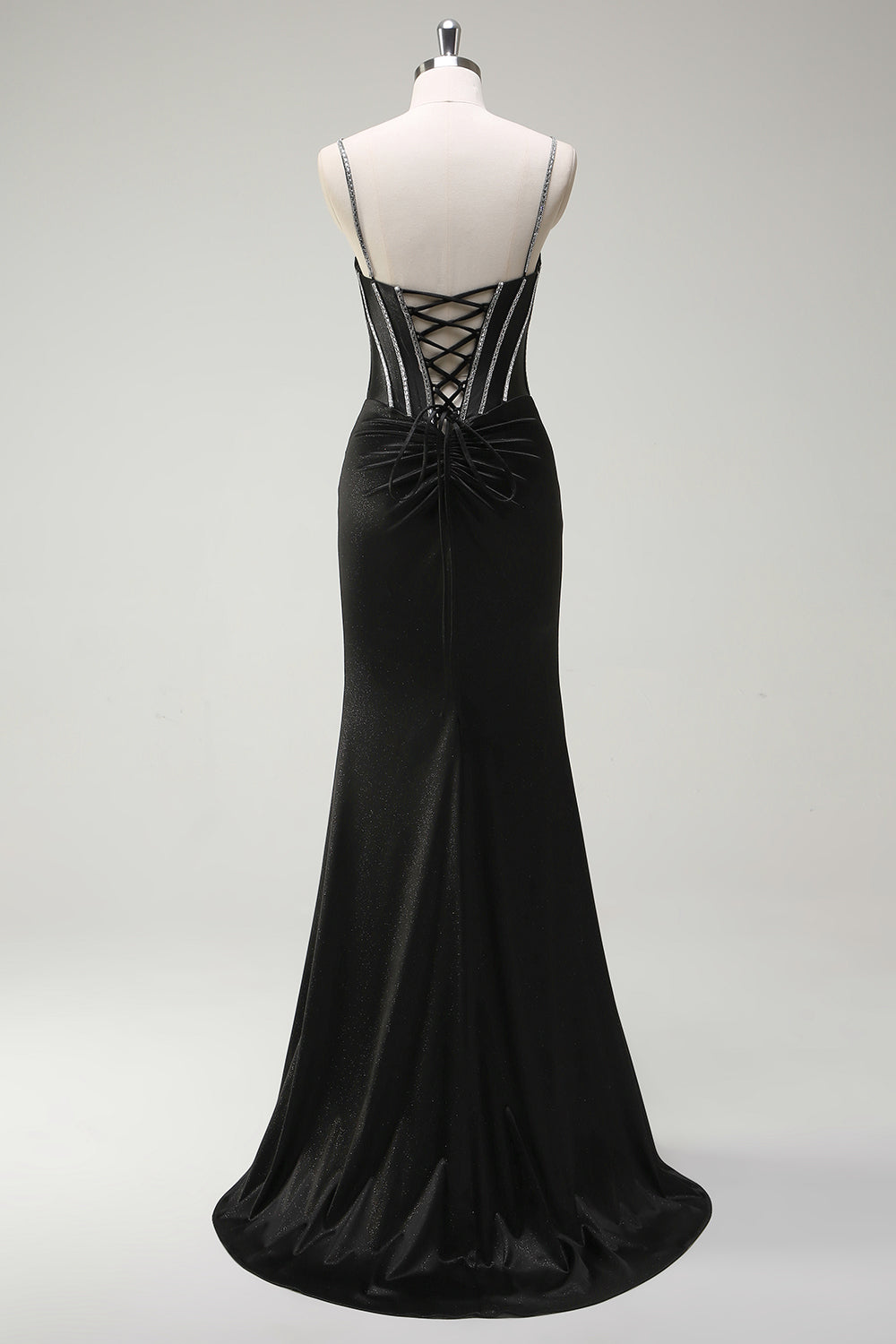 Mermaid Spaghetti Straps Corset Long Black Prom Dress With Slit