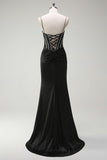 Mermaid Spaghetti Straps Corset Long Black Prom Dress With Slit