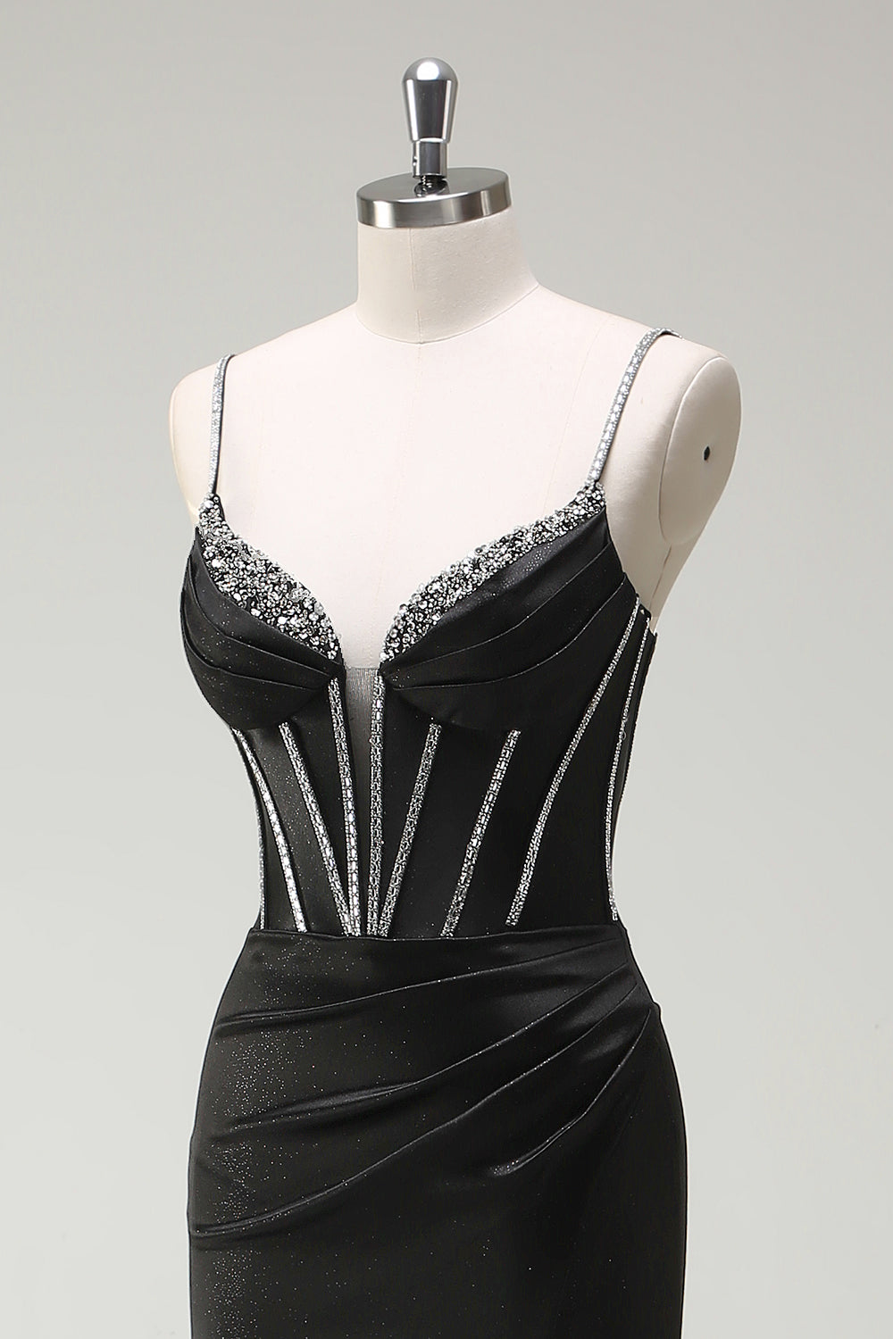 Mermaid Spaghetti Straps Corset Long Black Prom Dress With Slit