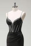 Mermaid Spaghetti Straps Corset Long Black Prom Dress With Slit