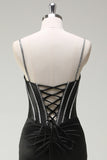 Mermaid Spaghetti Straps Corset Long Black Prom Dress With Slit