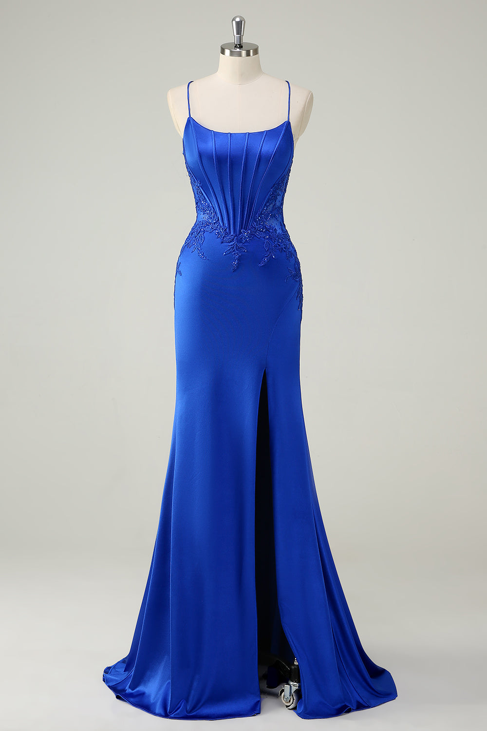 Royal Blue Mermaid Corset Appliqued Long Prom Dress with Slit