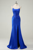 Royal Blue Mermaid Corset Appliqued Long Prom Dress with Slit